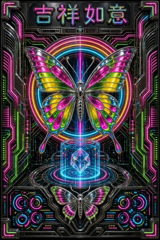 Cyberpunk neon artwork featuring chrome mechanical butterflies, a glowing crystal, and Chinese auspicious text at the top.