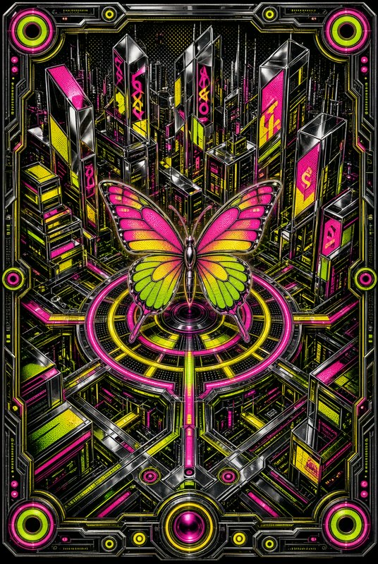Gradient neon butterfly centered over a futuristic cyberpunk city inside an ornate tech border