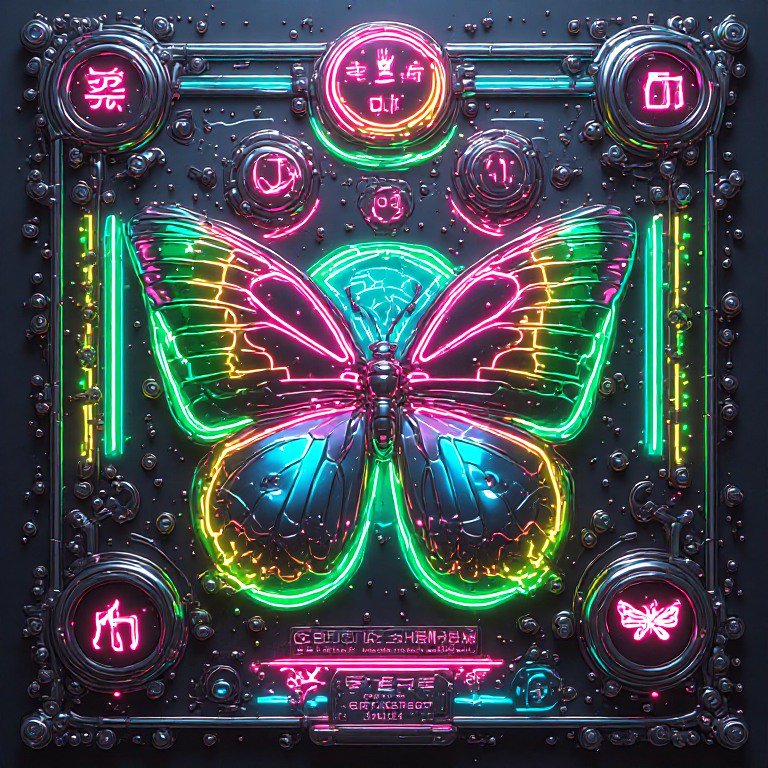 Neon outlined cyberpunk butterfly set within a glowing chrome steampunk control panel interface