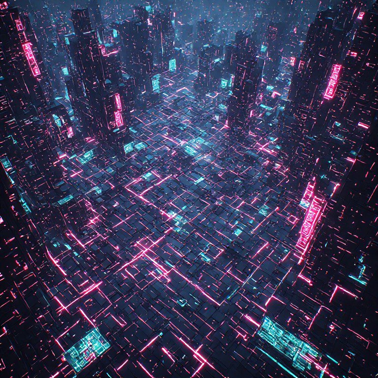 Top-down aerial view of a glowing neon cyberpunk city grid at foggy night