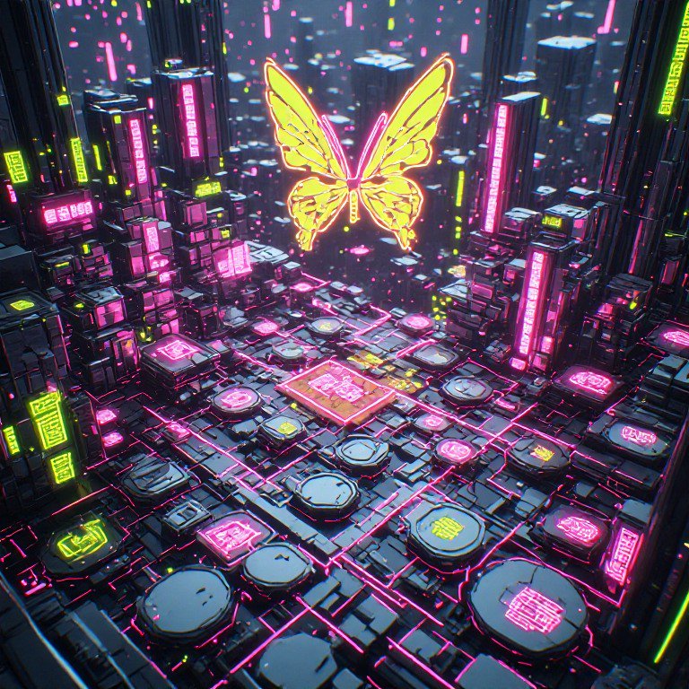Glowing neon yellow butterfly floats above a futuristic cyberpunk circuit board cityscape