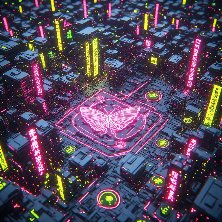 Aerial isometric view of a cyberpunk city centered on a glowing pink neon butterfly hologram