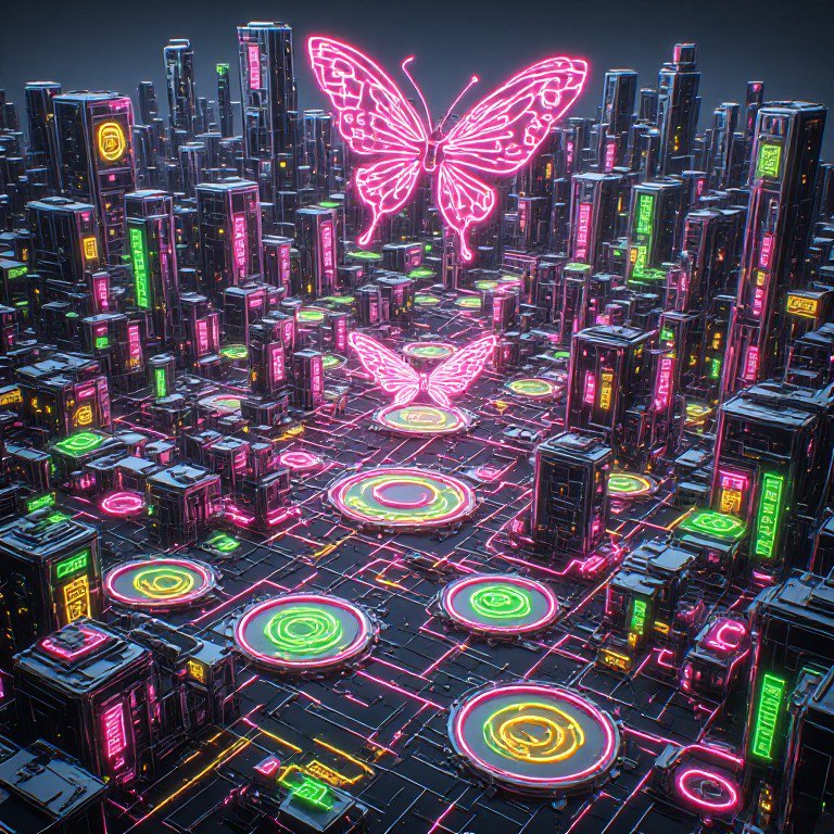 Glowing pink neon butterfly holograms hover over a dense futuristic cyberpunk cityscape