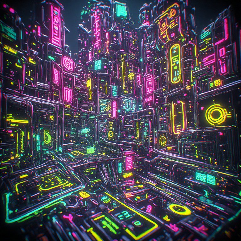 Dense futuristic cyberpunk city skyline glowing with bright multicolored neon signs at night