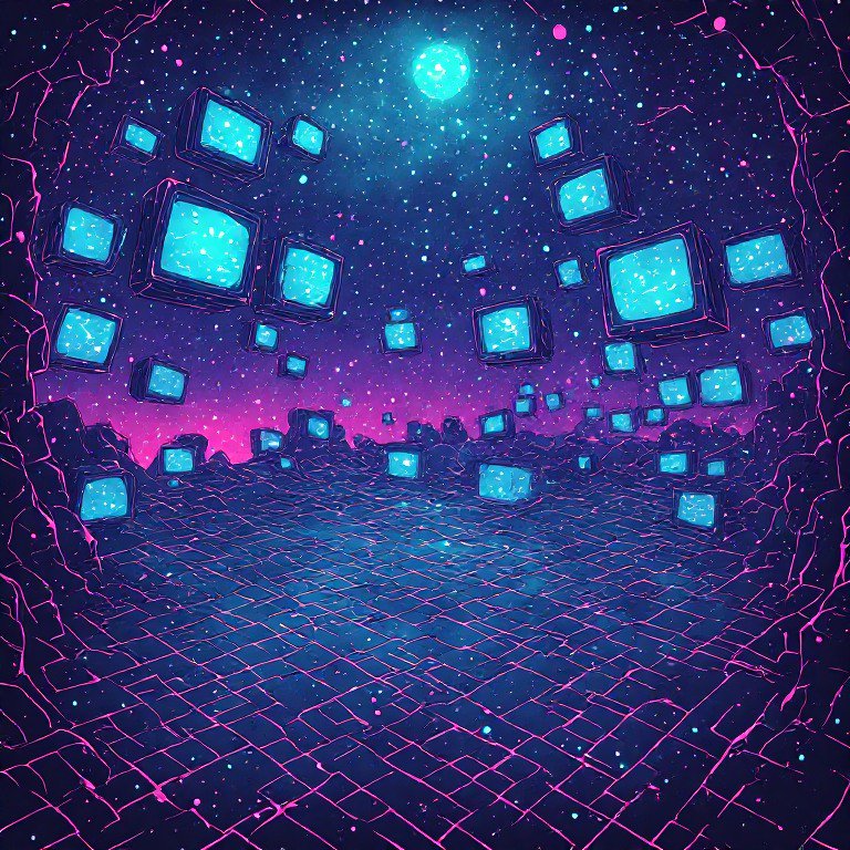 Floating glowing vintage CRT televisions fill a surreal neon grid cave beneath a starry cosmic sky