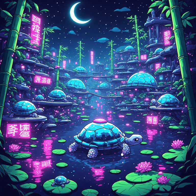 Glowing cyberpunk turtle village rests on a lily pad pond under a starry crescent night sky
