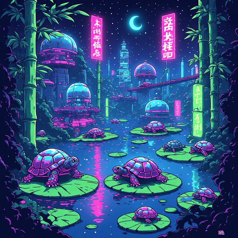 Neon cyberpunk landscape with colorful turtles resting on lily pads under a crescent night sky