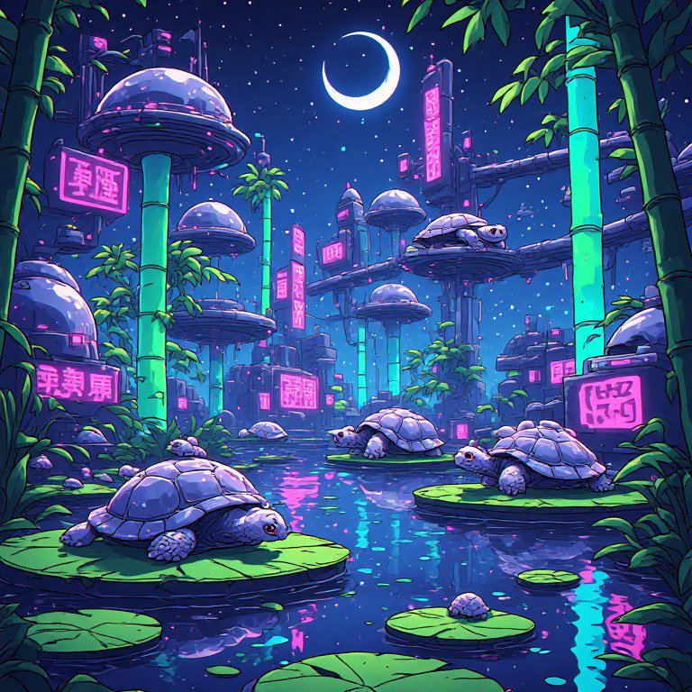 Whimsical cyberpunk pond scene with turtles resting on lily pads under a glowing crescent night sky
