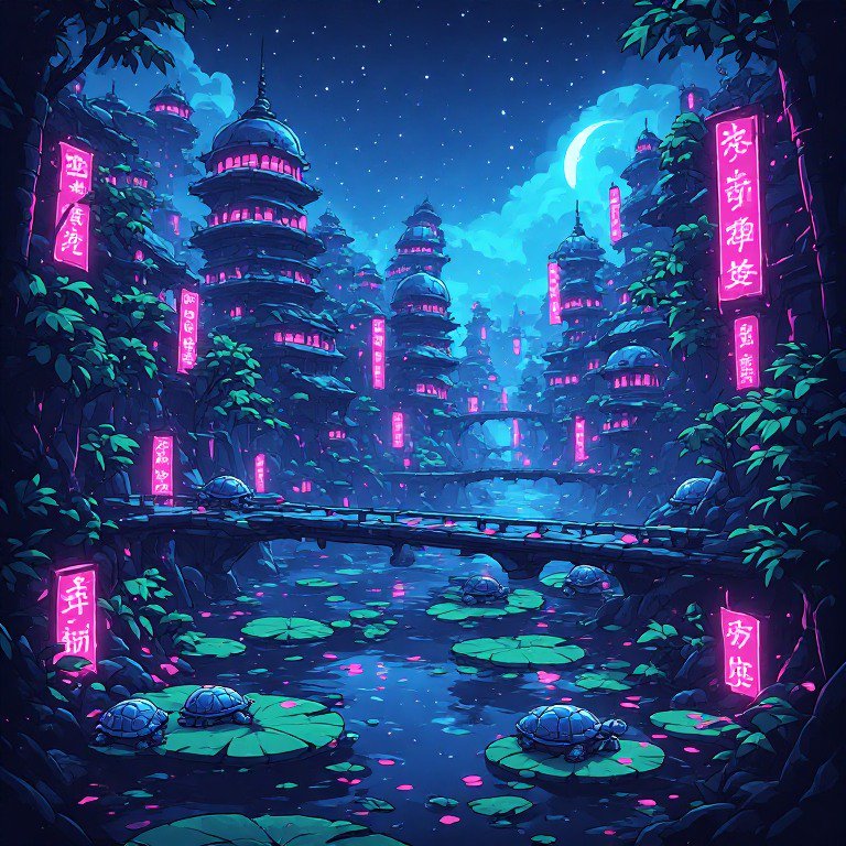 Glowing neon cyberpunk pagoda village sits along a lily pad river under a starry crescent night sky
