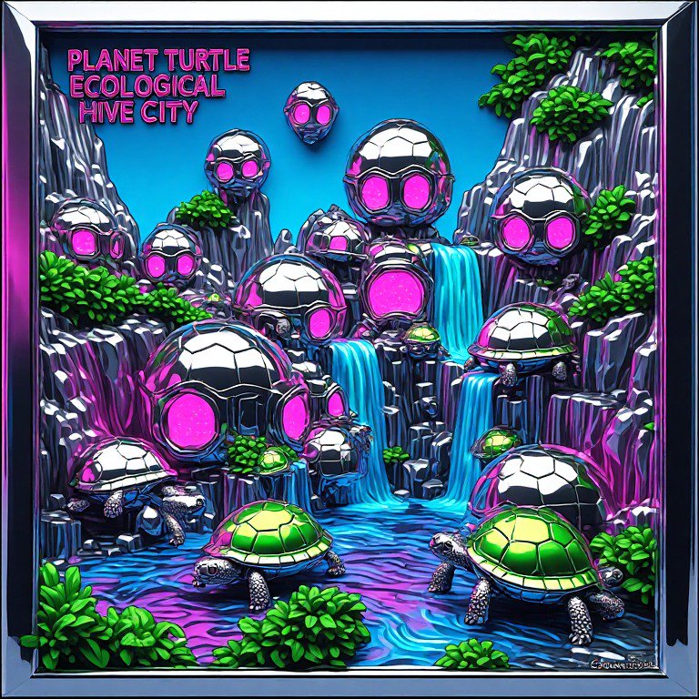 Surreal sci-fi illustration of Planet Turtle Ecological Hive City with glowing domes, waterfalls, and roaming turtles