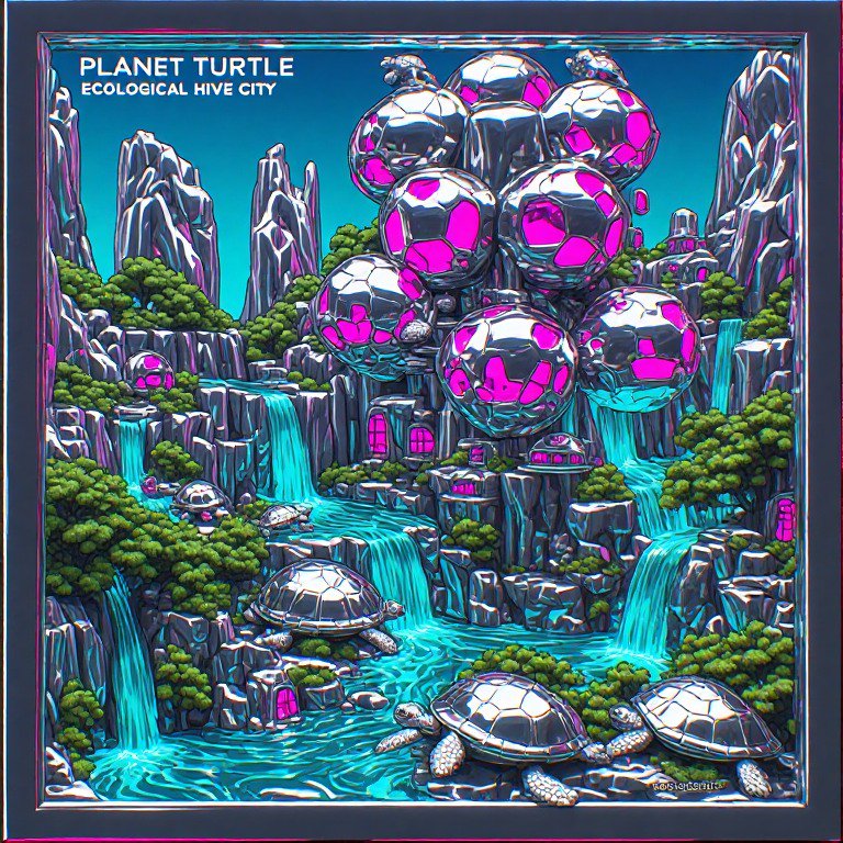 Futuristic chrome ecological hive city landscape with robotic turtles, glowing domes, and cascading turquoise waterfalls