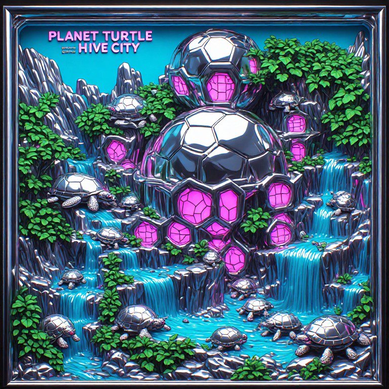 Futuristic chrome Planet Turtle Hive City with glowing pink windows, turquoise waterfalls and metallic tortoise residents