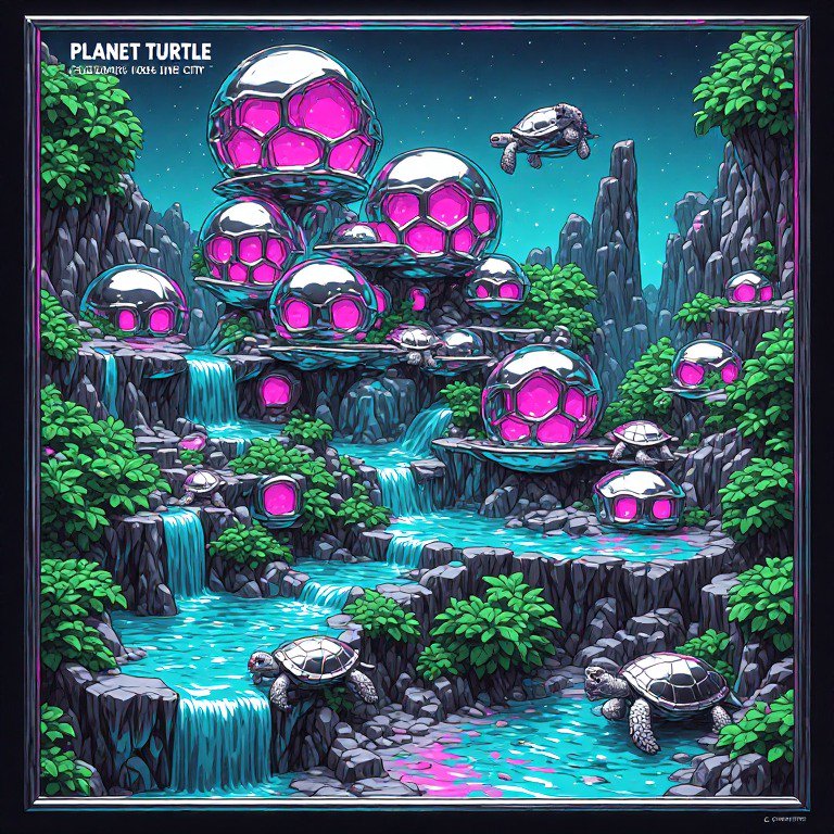 Surreal alien Planet Turtle landscape with glowing domed habitats, cascading waterfalls, and turtle residents