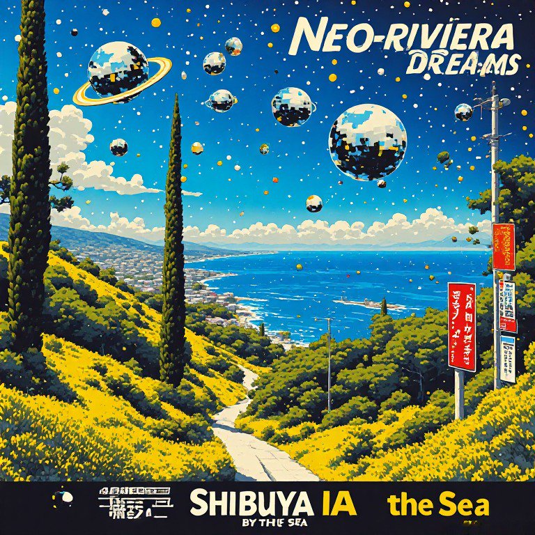 Surreal retro-futurist coastal landscape with floating pixel planets above sunlit flowered hills and turquoise sea