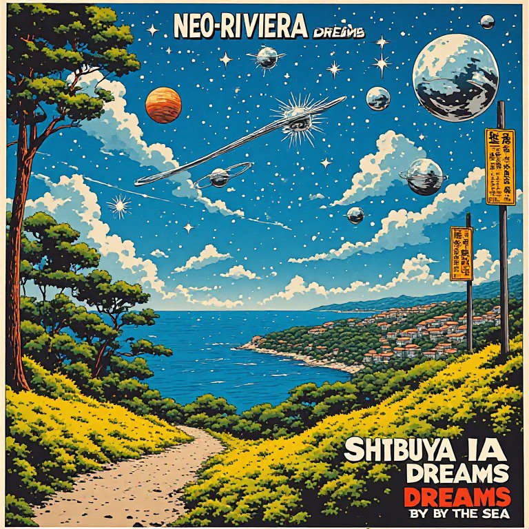 Retro-futurist coastal riviera scene with starry sky, floating planets, and Neo-Riviera Dreams title text