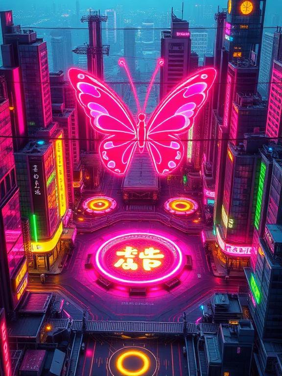 Giant glowing pink neon butterfly floats above a misty cyberpunk city intersection at twilight