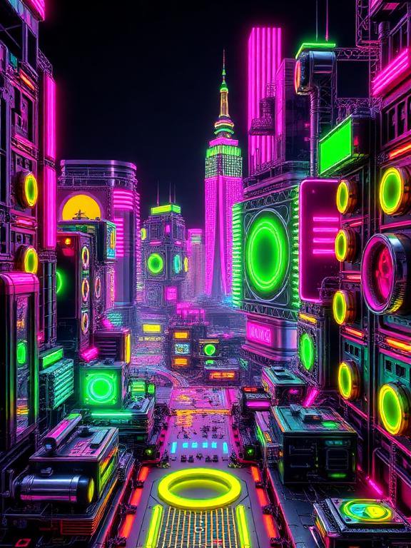 Futuristic cyberpunk city glowing with bright pink green and yellow neon against a dark night sky