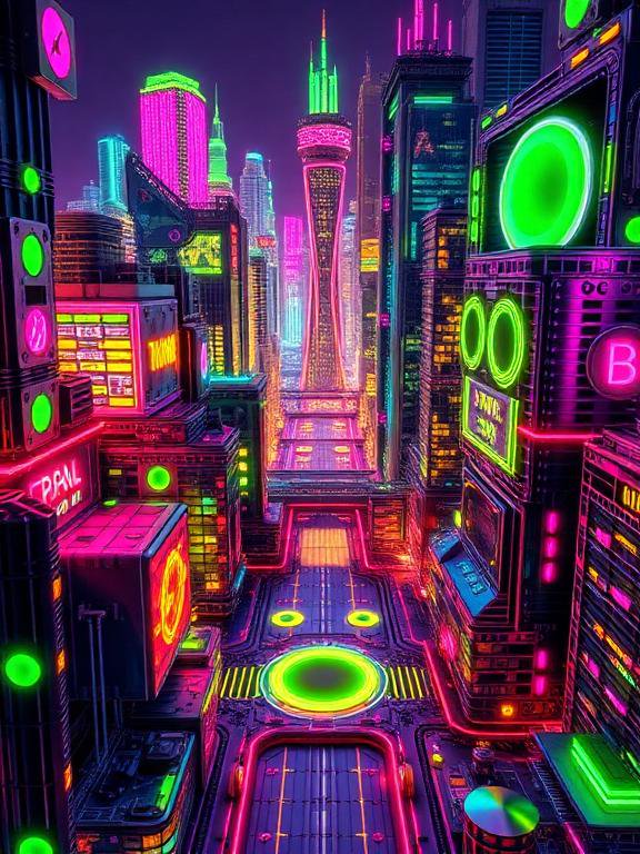 Vibrant neon cyberpunk city skyline with glowing pink, green, and purple skyscrapers leading to a central spired tower
