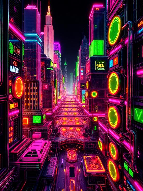 Futuristic cyberpunk city street lined with glowing neon skyscrapers stretching into dark night