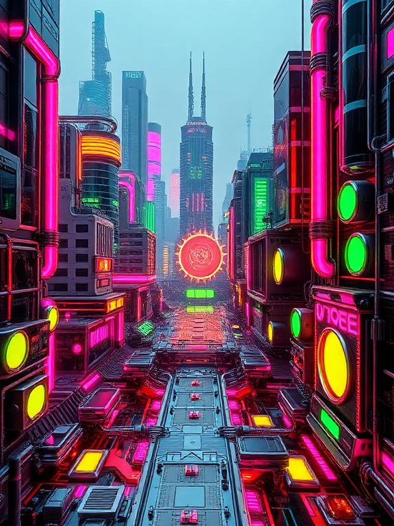 Glowing neon cyberpunk city street lined with futuristic skyscrapers under a hazy pale sky
