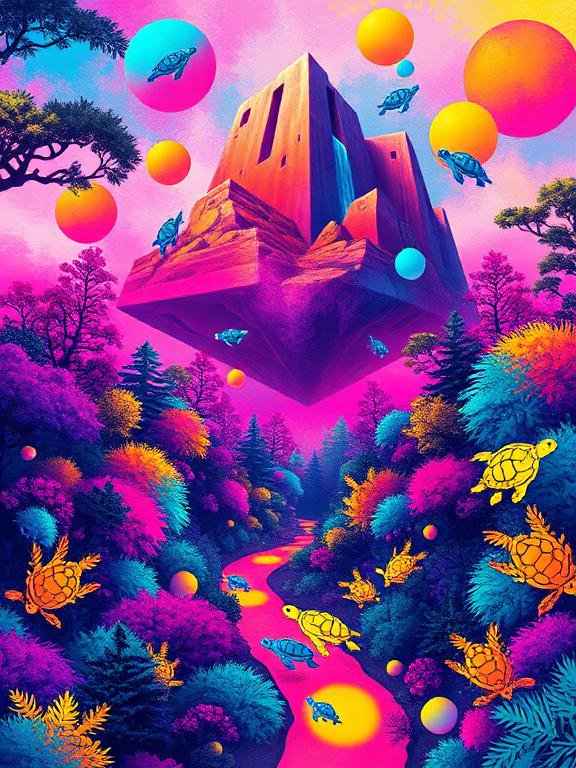 Surreal psychedelic landscape with floating temple, flying turtles, and glowing orbs above a neon forest