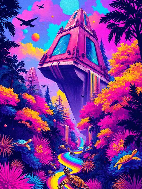 Surreal neon alien jungle with a floating pyramid ruin, rainbow path, and turtles under a bright multicolored sky