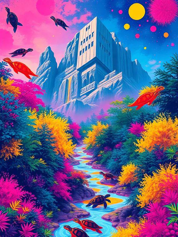 Surreal neon fantasy landscape with flying turtles, cliffside ancient temple, and vivid rainbow foliage under a dotted