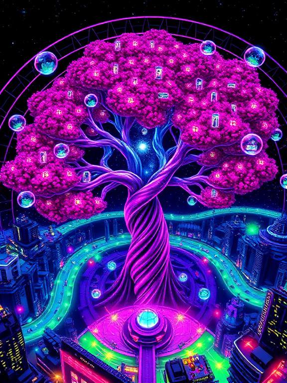 Giant glowing magenta world tree rises from the center of a neon cyberpunk city under a starry night sky