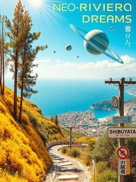 Surreal hillside coastal path overlooks a seaside town with floating ringed planets in a bright sunny sky