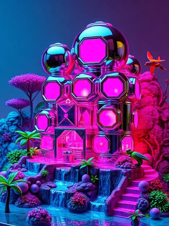 Shiny neon pink futuristic bubble mansion rests on a fantasy alien landscape with waterfalls and exotic plants