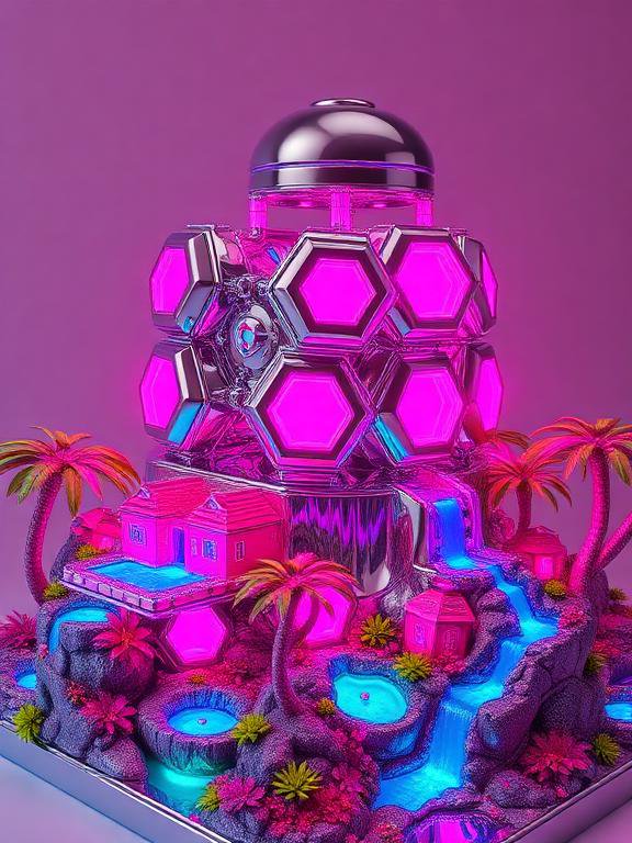 Surreal glowing neon tropical diorama featuring a futuristic hexagonal tower, miniature homes, and palm trees against a