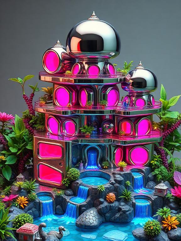 Futuristic chrome tiered fantasy tower with glowing pink windows, cascading blue waterfalls, and lush tropical foliage