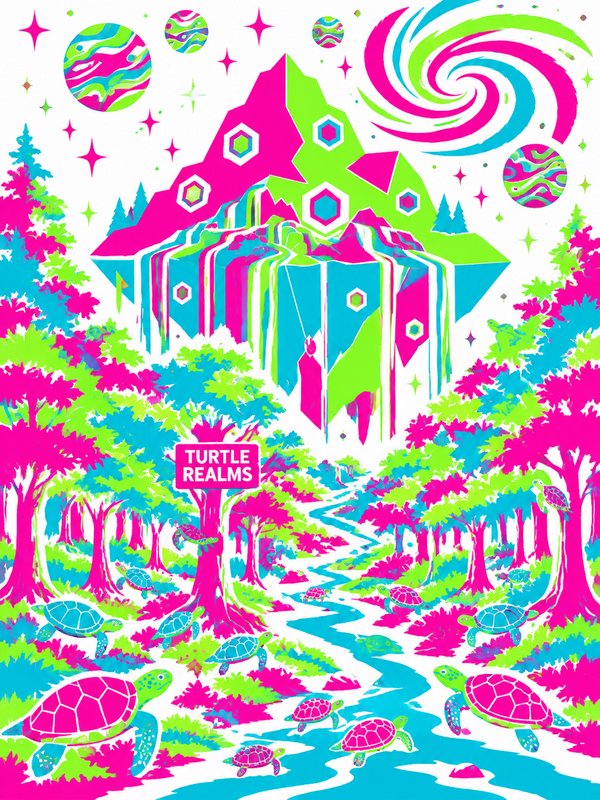 Trippy neon fantasy forest scene with wandering turtles, glowing mountains, cosmic sky, and Turtle Realms sign