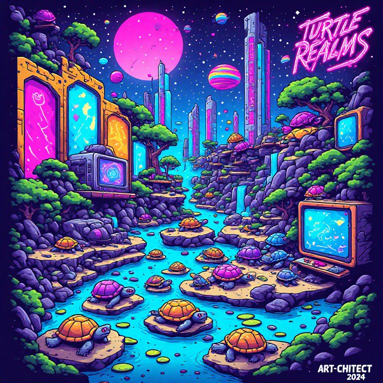 Vibrant retro-futurist alien landscape with colorful turtles along a glowing stream under a large pink moon