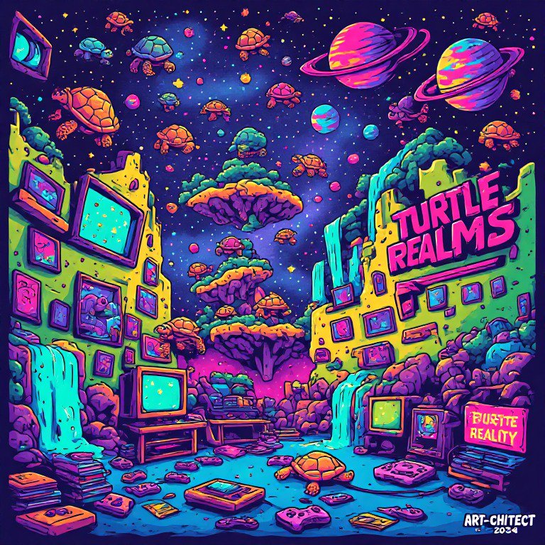 Surreal neon Turtle Realms fantasy scene with floating turtles, retro gaming gear, and ringed space planets