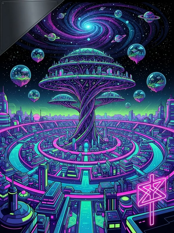 Giant tree-shaped futuristic city rises from a neon cyberpunk metropolis under a swirling cosmic sky