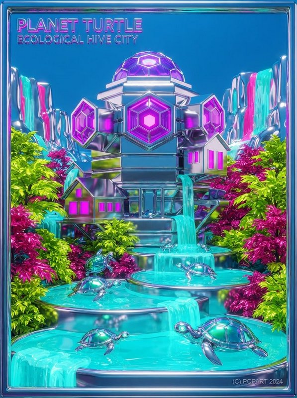 Futuristic chrome ecological hive city with metallic turtles, glowing purple accents and tiered turquoise waterfalls