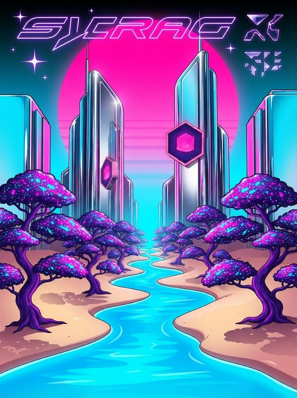 Futuristic synthwave city with neon skyscrapers, glowing purple trees, and a turquoise river under a large pink sun