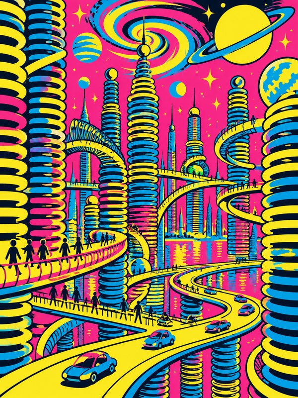 Psychedelic retro-futuristic alien cityscape with spiral skyscrapers, elevated walkways, and glowing planetary pink sky