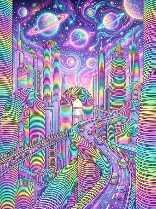 Pastel rainbow futuristic alien metropolis with winding highways under a cosmic sky of ringed planets