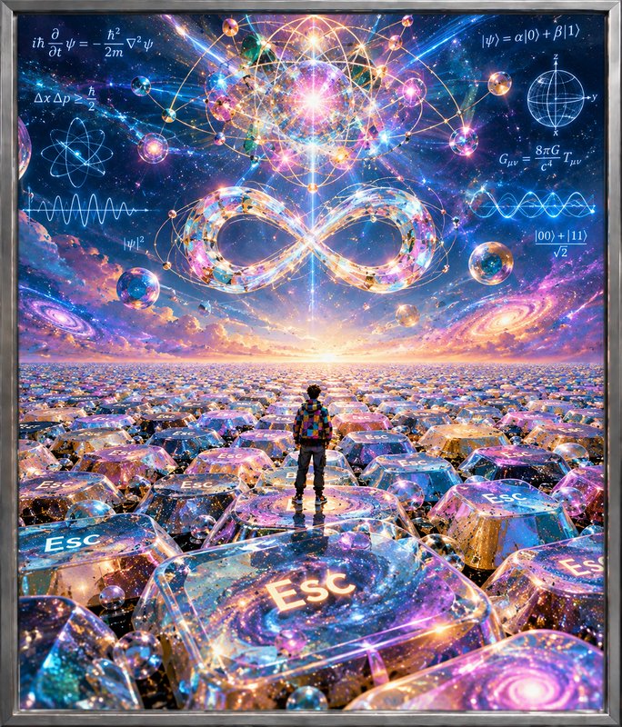 Lone figure standing on a glowing ESC key looking up at a cosmic quantum infinity symbol