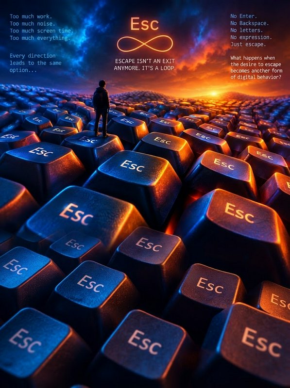 Silhouetted person stands in an endless field of glowing Esc keyboard keys under a cosmic sunset sky