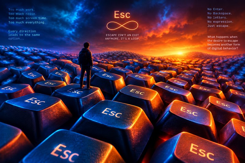 Silhouetted person stands on an endless field of glowing Esc keyboard keys under a dramatic sunset sky