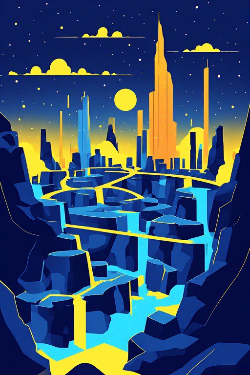 Stylized futuristic metropolis built into a glowing canyon under a starry full moon night sky