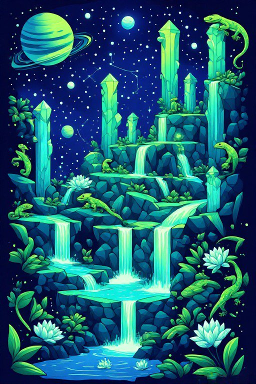Glowing tiered crystal waterfalls with green lizards sit under a starry alien sky with ringed planets
