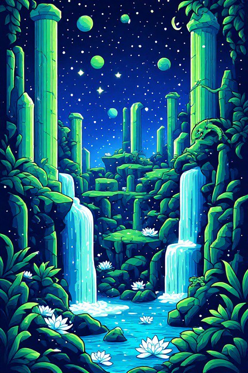 Stylized fantasy ancient ruins with cascading waterfalls and lotuses under a starry cosmic night sky
