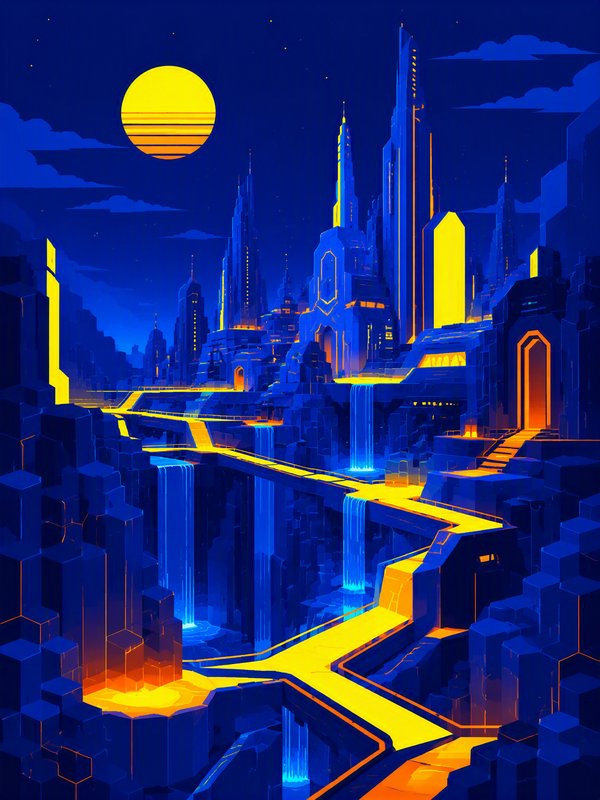 Futuristic neon cyberpunk cliffside city with glowing paths, waterfalls, and a large yellow moon at night