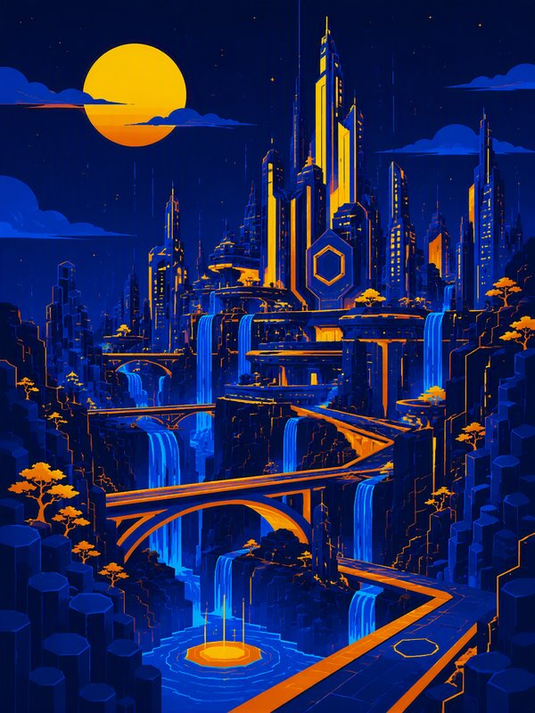 Futuristic glowing cliffside metropolis with cascading waterfalls under a bright golden full moon at night