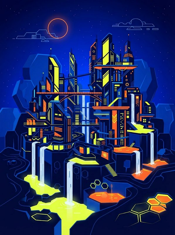 Futuristic neon cyberpunk cliffside city with waterfalls under a starry sky with a solar eclipse