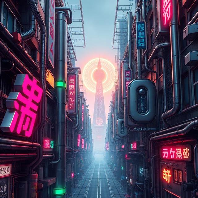 Foggy cyberpunk city alley lined with glowing neon signs leading to a distant spired tower